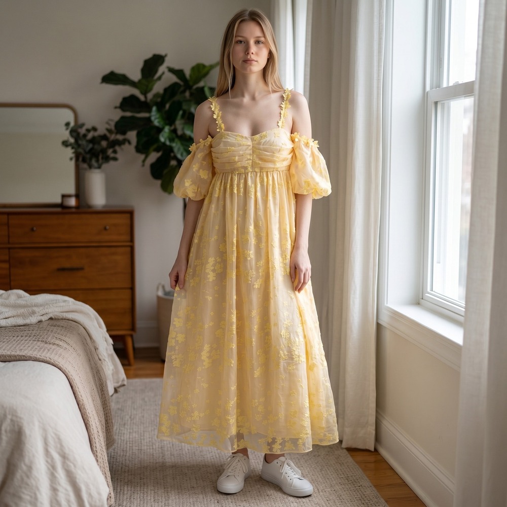 Hofmann Copenhagen Irina Yellow Floral Devore Cold‎ Shoulder Midi Dress Size 42
